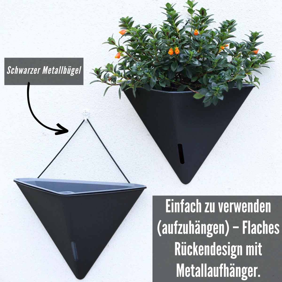 LaLaGreen Bundle- 2 Pack, 12 Inch Black Geometric Hanging Pot + 4 Pack, 12 Inch Metal Wire Basket with Coco Liner Flower Herb Plant Window Boxes Balcony Porch Modern Stylish Vase Self Watering Planter