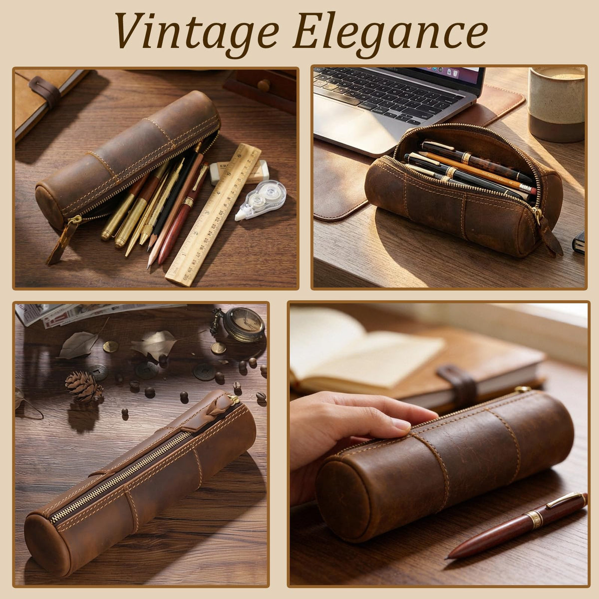 Yeedonzo Leather Pencil Case, Full Grain Zippered Pen Pouch & Multifunctional Organizer, Brown Stationery Bag for Work & Office Supplies