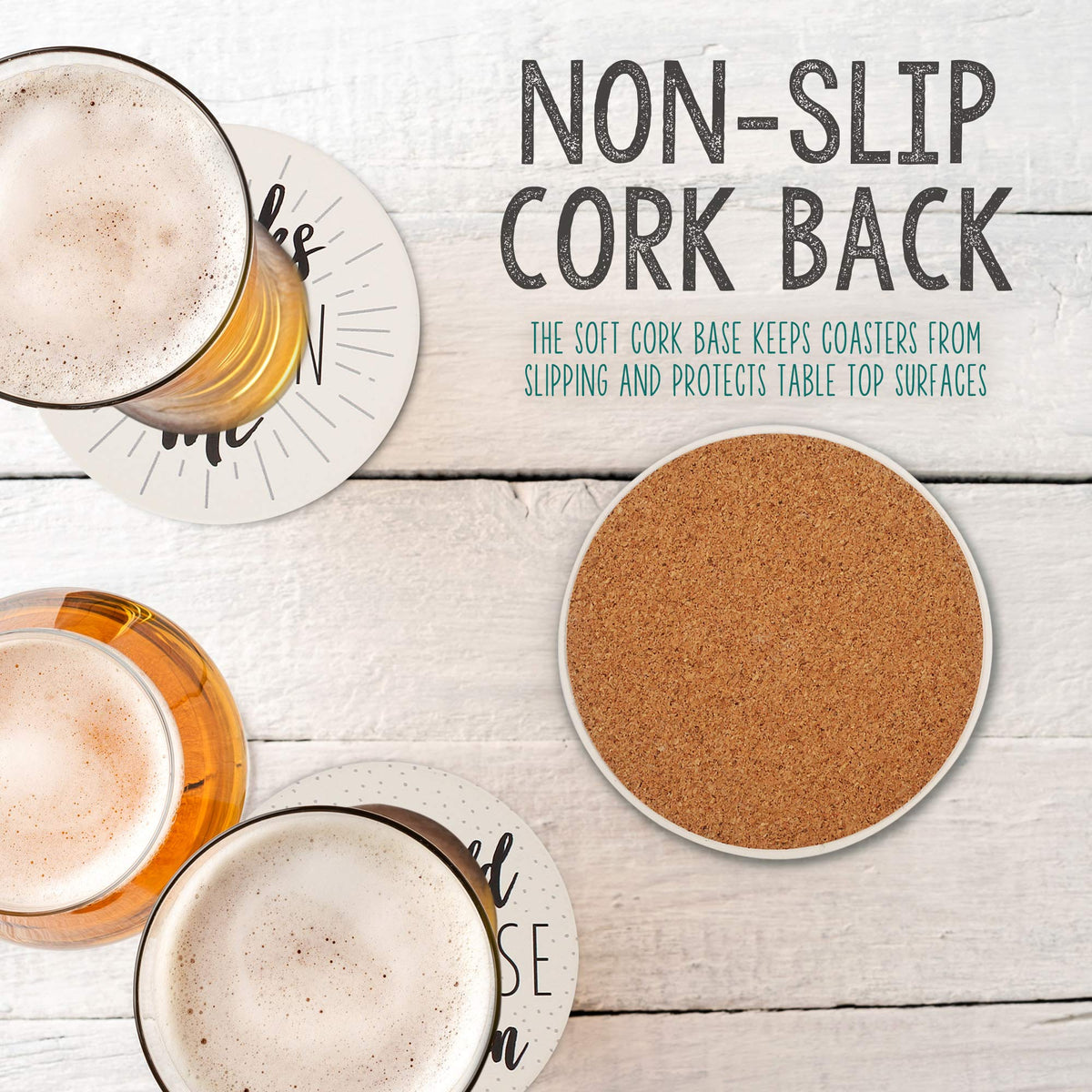 LotFancy 6PCS Ceramic Coasters with Cork Base, Round Coasters with 6 Humorous Sayings, Non-Slip, Bar Room Decor, Housewarming Gift