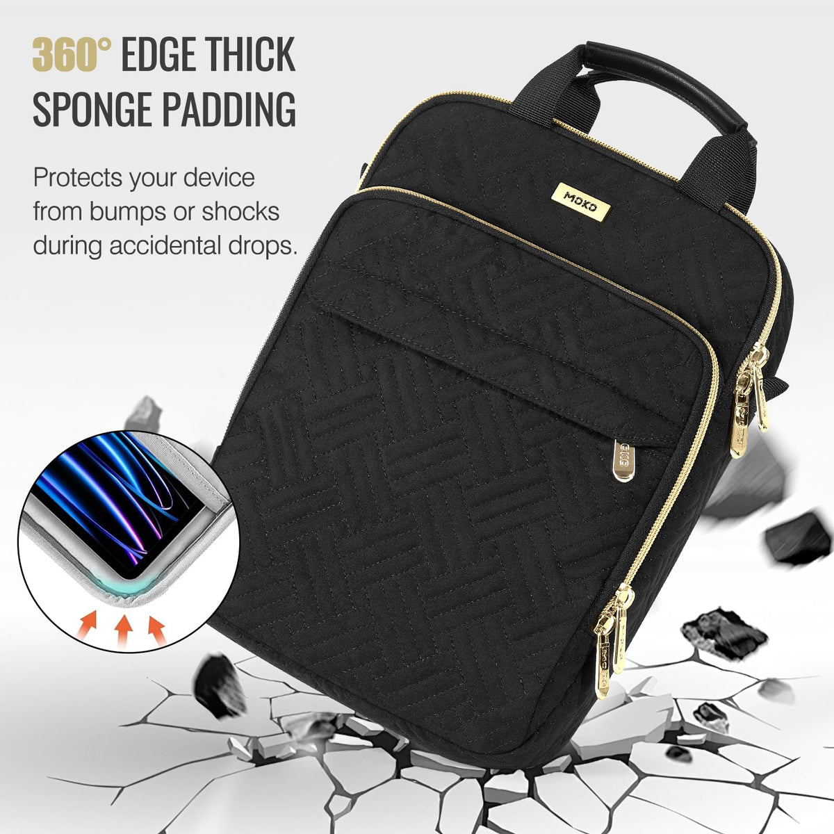 MoKo 13 Inch Puffer Tablet Sleeve Bag for New 13" iPad Air M4 2026 / Pro M5, iPad Pro 12.9" M2&M1, Galaxy Tab S8/S9 Plus 12.4", 360° Edge Protection Puffy Bag with Handle & Shoulder Strap, Black