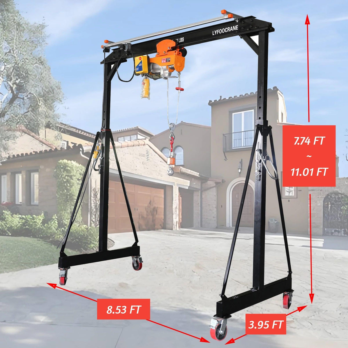 Electrical Gantry Crane 2000 LBS - 8.53 FT Wide，Adjustatable Crane with Electrical Hoist, Garage Crane 1T with Manual Hoist, Trolley, Scale, Sling, Shackle, Hook, Hammerlock Coupling (8.5 FT Width)