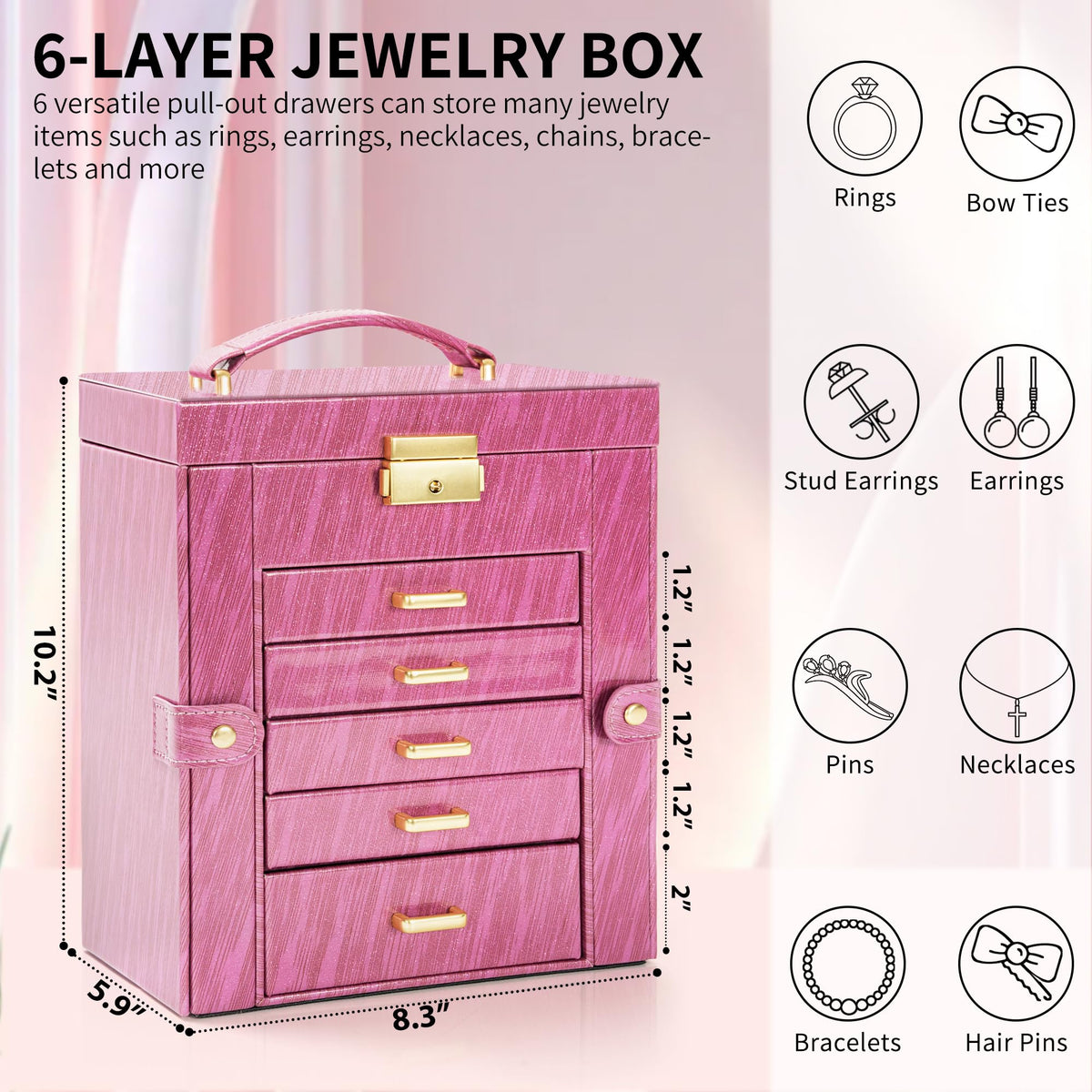 AKOZLIN 6-Tier Jewelry Box Lockable Leather Jewelry Storage Case with 5 Drawers for Women Girls Ring Necklace Earring Bracelet Holder Organizer with Mirror Rose