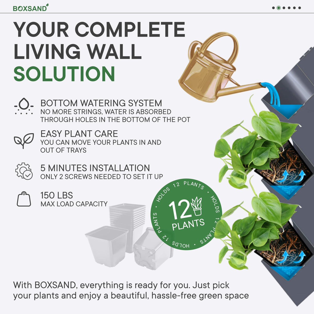 BOXSAND-12 Vertical Wall Planter (24"x26", Black with Square Pots) – Living Wall for 12 Plants, Indoor/Outdoor Vertical Garden System, Easy 2-Screw Install
