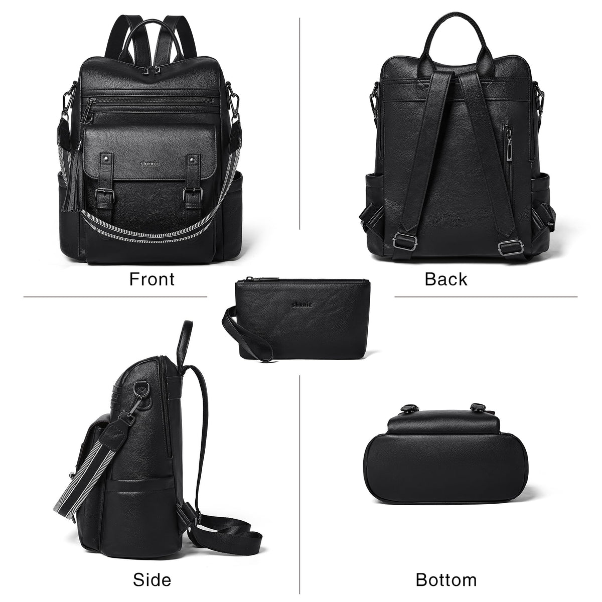 Shrrie Womens Vegan Leather Backpack Purse for Work College Black Fashion Small Backpack Design Water-Resistant Purse