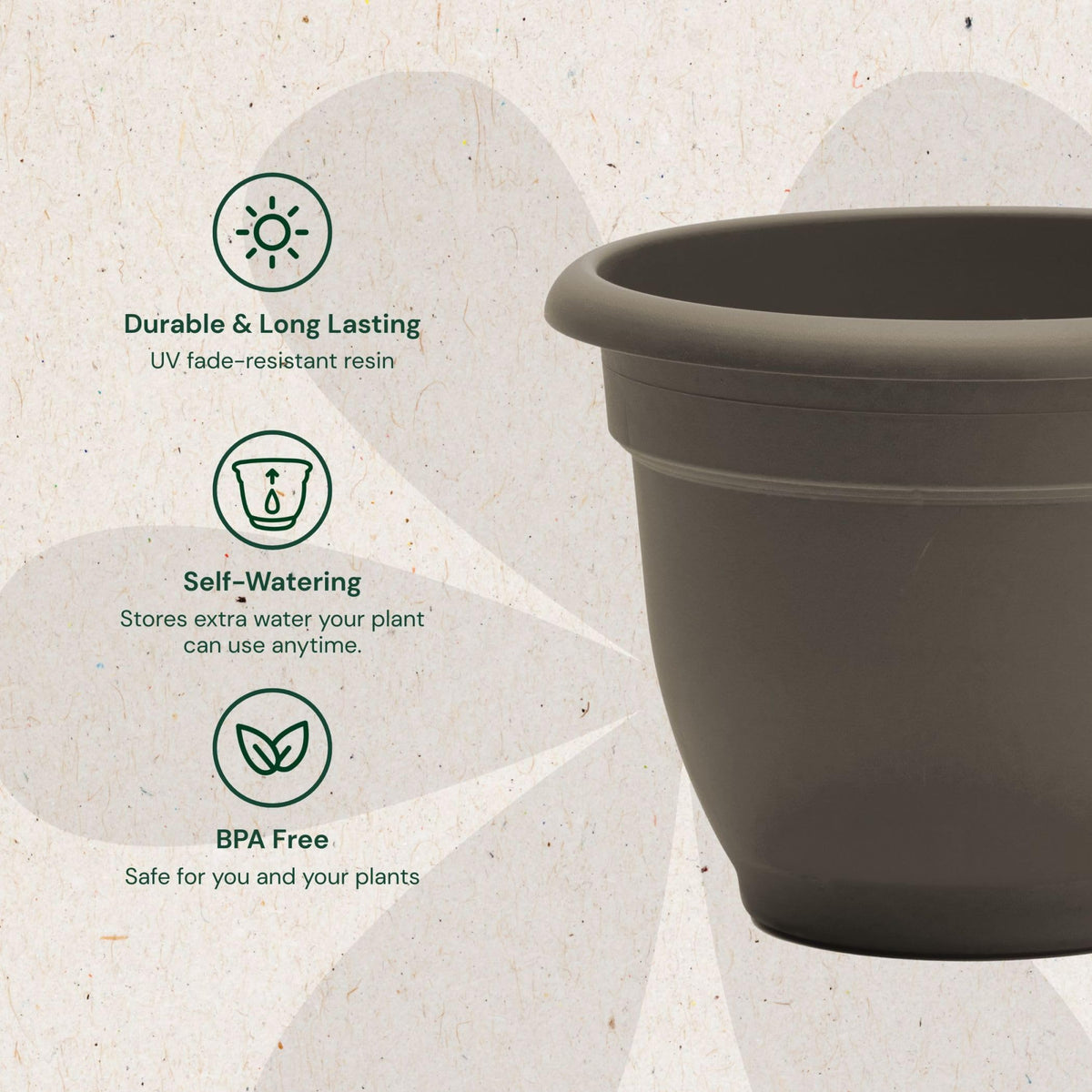 Bloem Ariana 12" Self-Watering Plastic Planter - Rolled Rim Indoor/Outdoor Garden Pot, Peppercorn, 2-Pack