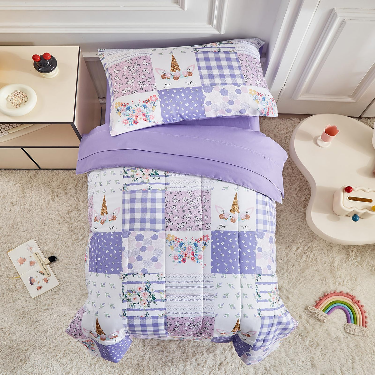 Joyreap 4 Piece Toddler Bedding Set- Purple Butterflies Flowers Patchwork Toddler Comforter Set, Includes Quilted Comforter, Fitted Sheet, Top Sheet, and Pillow Case