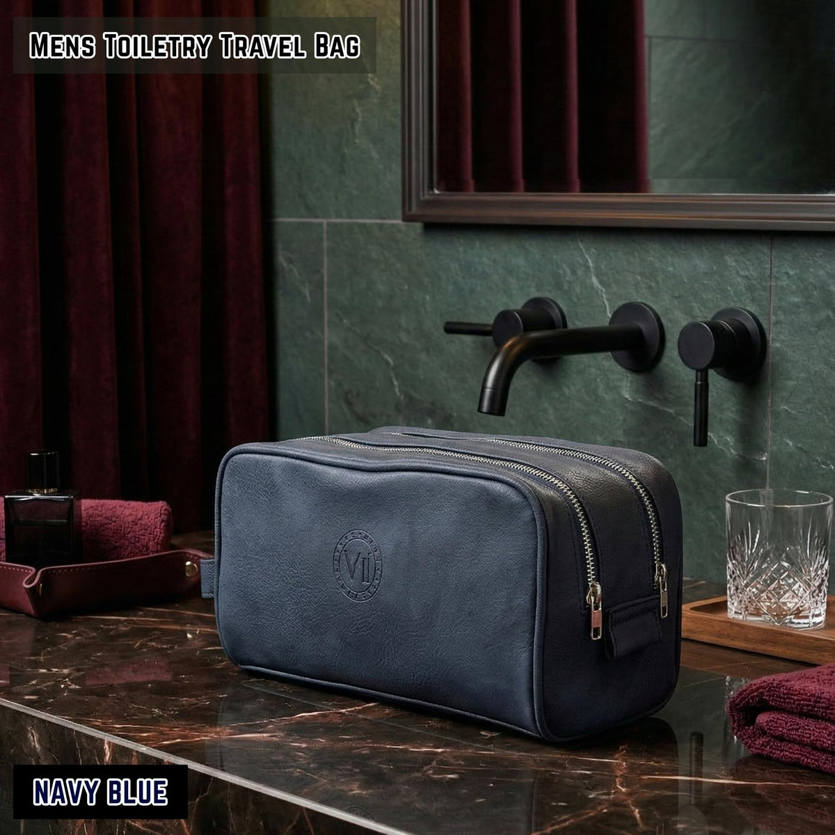 Toiletry Bag For Men, Premium PU Leather Dopp with Metal Zippers & Bottom Studs, Waterproof Grooming Kit for Men, Mens Birthday Gift, Includes Velvet Dust Bag & Shape-Retention Stuffing / NAVY BLUE