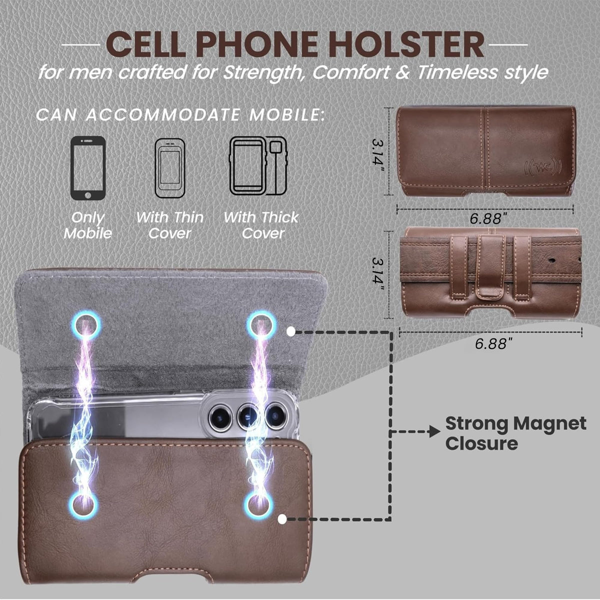 Wireless City X-Large Phone Holster for Men & Women, Horizontal Belt Clip & Loop Cell Phone Pouch, Magnetic Closure Phone Belt Holder Fits iPhone 17/16/15/14/13/12 Pro Max & Large Smartphones (Brown)