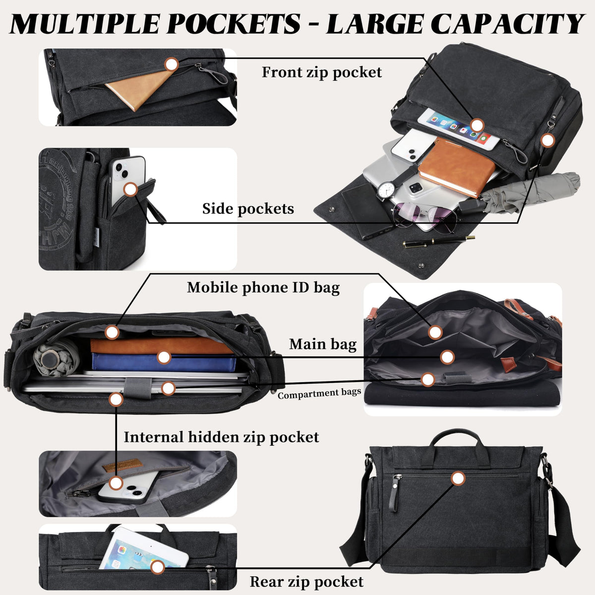 FSD.WG Satchel Messenger Bag for Men Canvas,Travel Shoulder bag 13.5" Laptop Bags