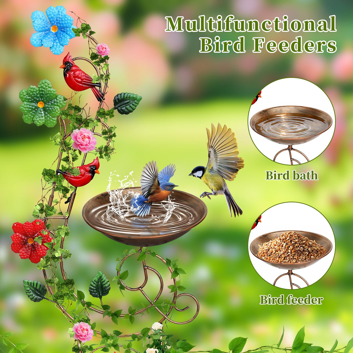 YADOOLIFE 57” Bird Bath with Garden Trellis for Climbing Plants Outdoor, Small Decorative Trellises Metal Birdbath Bird Baths, 1 Piece (Redbird)