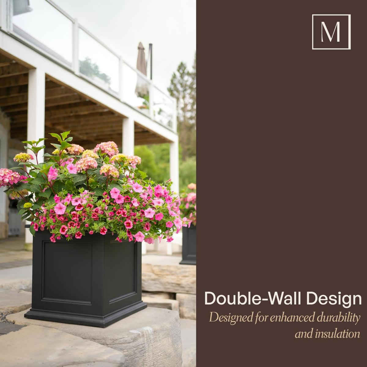Mayne Fairview Self Watering Planter Box - 20 Inch Large Square, Classic Inset Panels, New England Architecture, Double Wall, UV & Weather Resistant for Indoor and Outdoor Use, Black