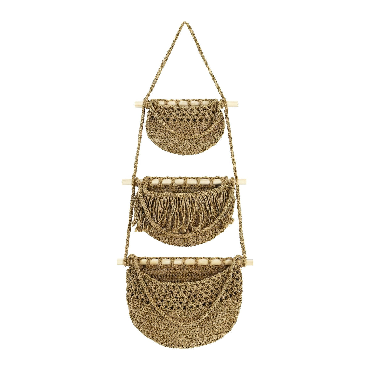 Cabilock 3 Tier Hanging Fruit Basket for Kitchen - Boho Macrame Woven Wall Storage for Onion and Potato, Space-Saving Cotton Rope Produce Organizer for Pantry & Bathroom