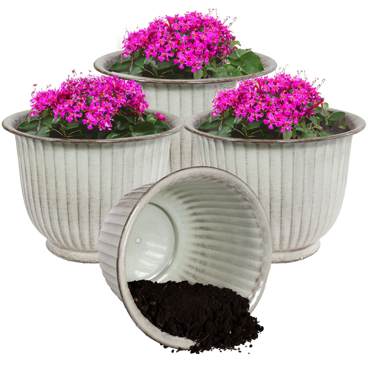 Sunnydaze Carlotta 14.75" Metal Outdoor Plant Pot Set with Drainage Holes and Rubber Plugs - White Glaze - Set of 4