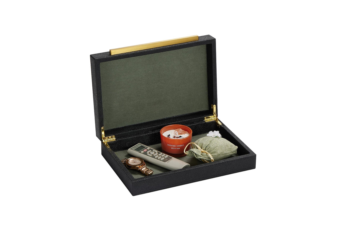 Kingflux Black Shagreen Leather Decorative Box, Storage Box Jewelry Organizer, Woment&Men's Accessory Organizer With Matt Golden Stainless Steel Handle (Black)