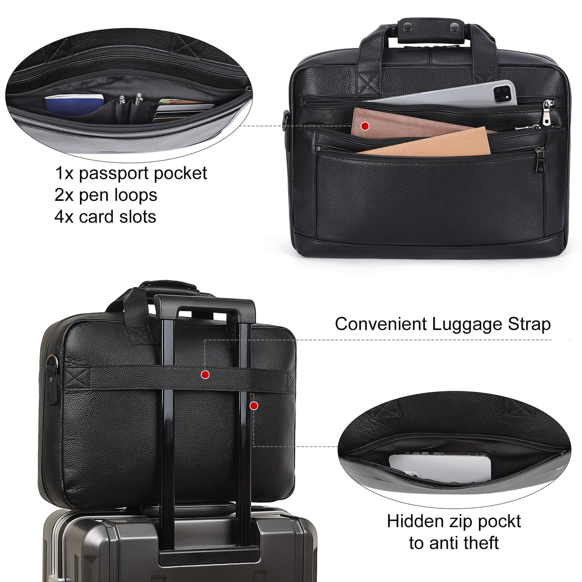 Masa Kawa Men’s Leather Briefcase for 16" Laptop Waterproof Crossbody Shoulder Messenger Bag Business Travel Work Computer Attache Case, Black