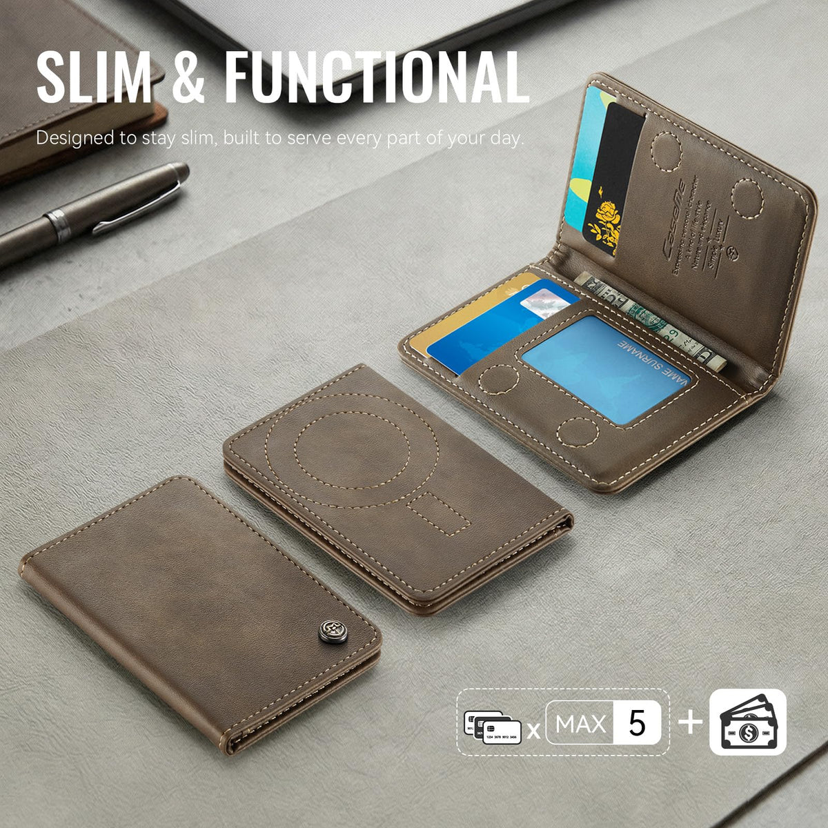 XIMAND Magnetic Wallet Card Holder with RFID Protection, PU Leather Slim Wallet, Strong Magnet Attachment for iPhone 18/17/16/15/14/13/12 Series Pro Max Plus Mini-Brown