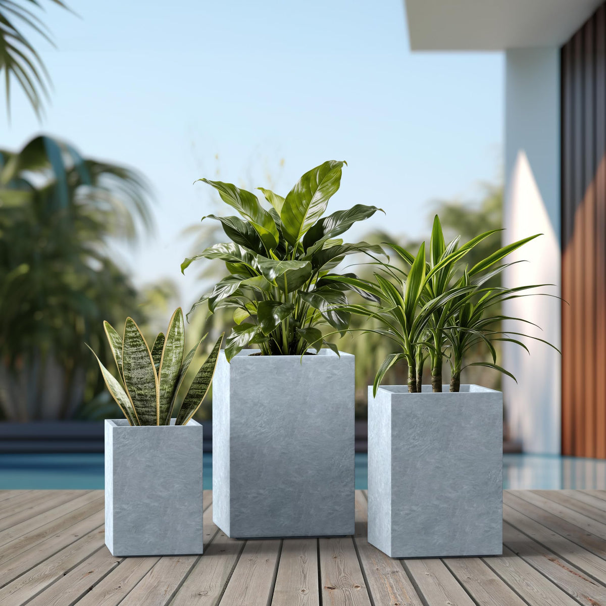 Kante 18.5",15.7",12.6" H Tall Rectangular Concrete Planters Set of 3, Outdoor Indoor Lightweight Plant Pots with Drainage Hole and Rubber Plug, Modern Style for Home Garden Patio, Slate Gray