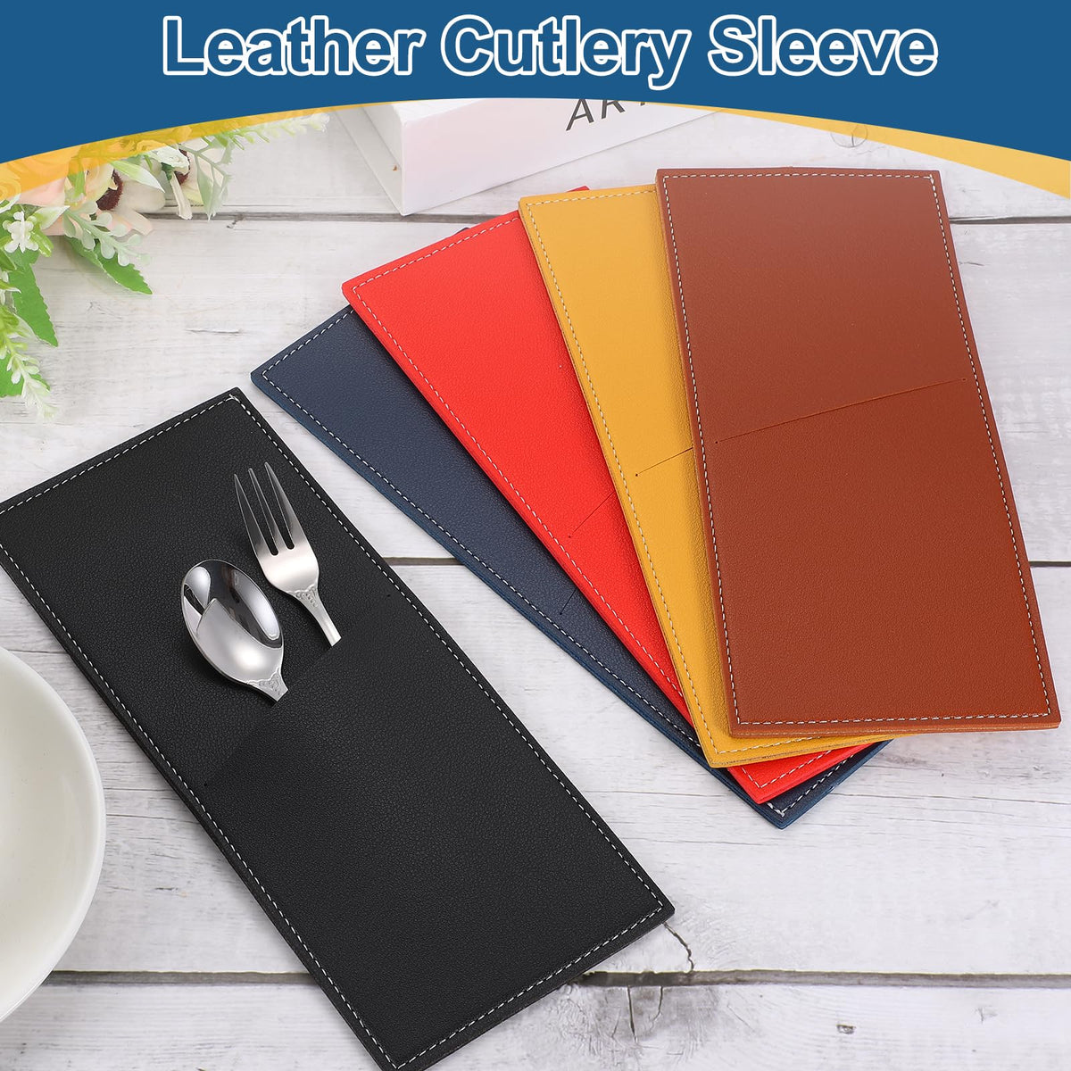 uxcell 4 Pcs Leather Cutlery Sleeve Silverware Utensil Holders Knife and Fork Bag Pouch Flatware Storage Sleeves for Dinner Table Home Kitchen Table Decoration, Yellow