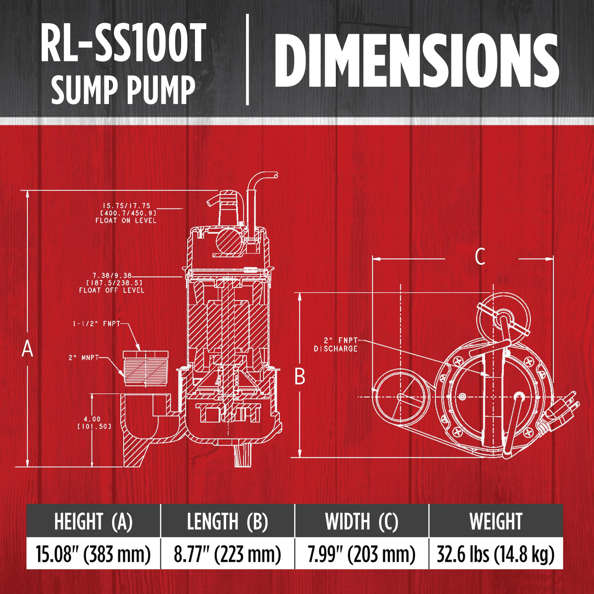 Red Lion RL-SS100T 115 Volt, 1 HP, 5300 GPH Premium Submersible Stainless Steel Sump Pump with Tethered Switch and 20-Ft. Cord, Black, 14942782