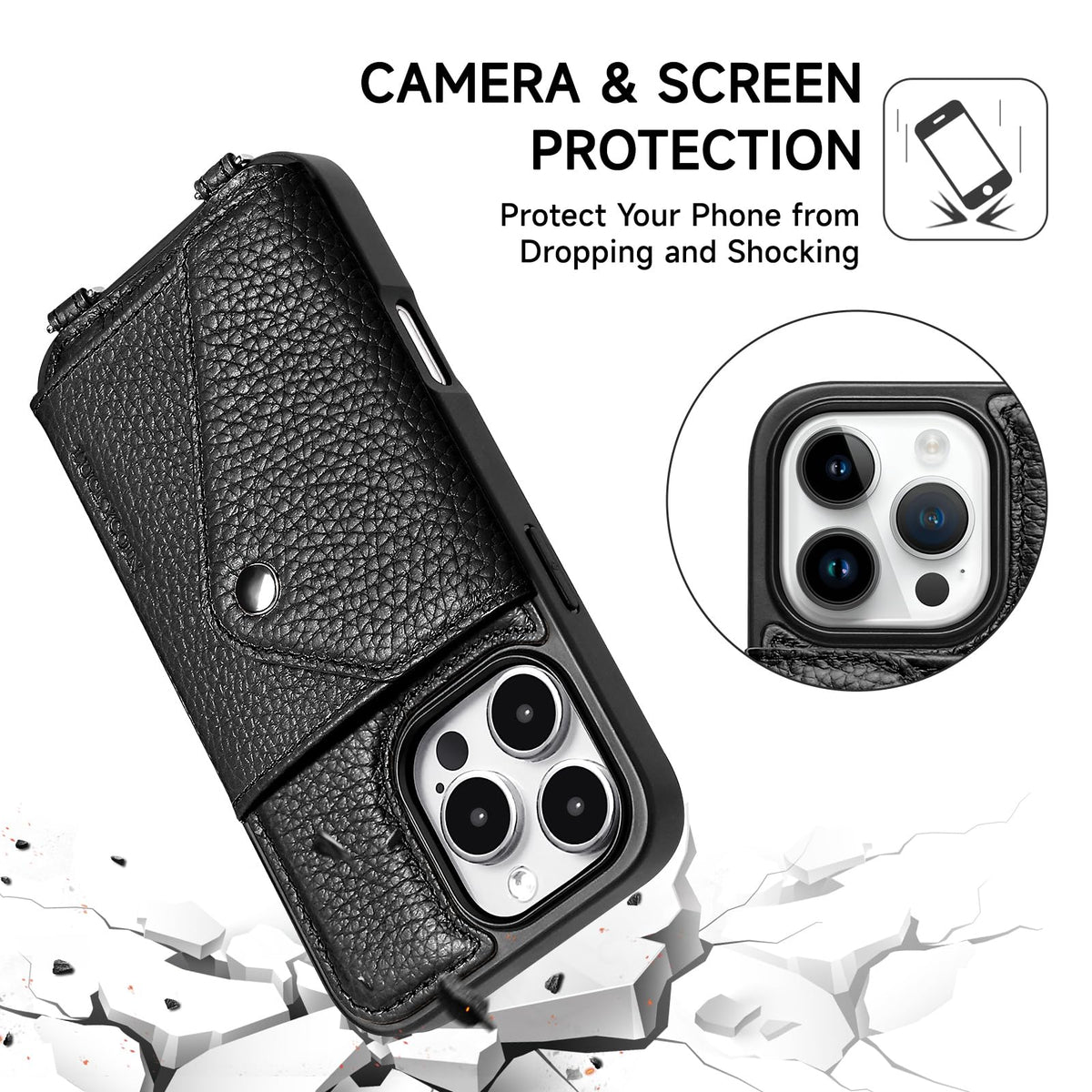 LUCKYCOIN Crossbody Phone Case for iPhone 16 Pro,100% Genuine Leather Phone Wallet Case for Women, Premium Hands-Free Phone Purse with Expandable Flip Card Holder & Adjustable Strap - Pebble Black