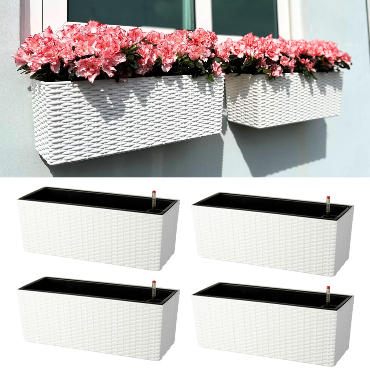 LaLaGreen Window Boxes Planters (20 Inch, 4 Pack) Outdoor Wall Hanging Flower Box with Bracket, Vertical Wall Mounted Self Watering White Rectangular Plant Container Modern Garden Herb Kitchen Indoor