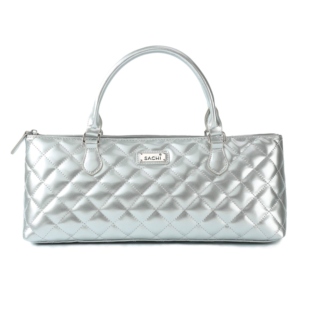 Sachi La Soir'ee Faux Leather Insulated Wine Purse Clutch Tote Handbag | Stylish Women's Wine Carrier Cooler Bag (Silver Quilted)