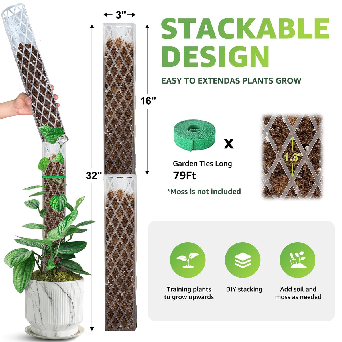 Sisher 6 Pcs Monstera Moss Pole,Plastic Moss Poles for Climbing Plants Work with Sphagnum Moss,6×16'' Plant Support for Indoor Plants,Garden Ties