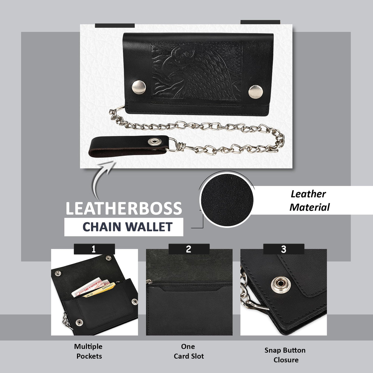Leatherboss Genuine Leather Men Trifold Eagle Biker Chain Wallet Credit Card Holder for Motorcycle Bikers Truckers