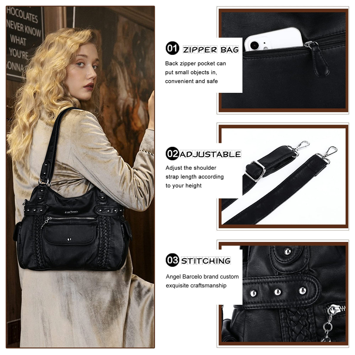 Angel Barcelo Large Purses for Women Soft PU Leather Hobo Bag for Women Shoulder Bag Black