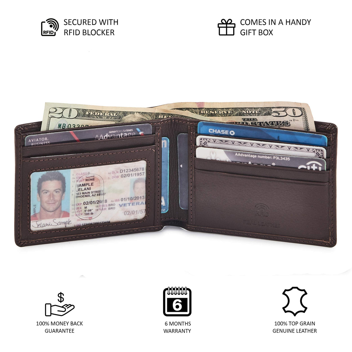 Real Leather Mens Bifold Wallet RFID Blocking Slim Minimalist Front Pocket - Thin & Stylish with ID Window in Gift Box (Nappa, Chocolate)