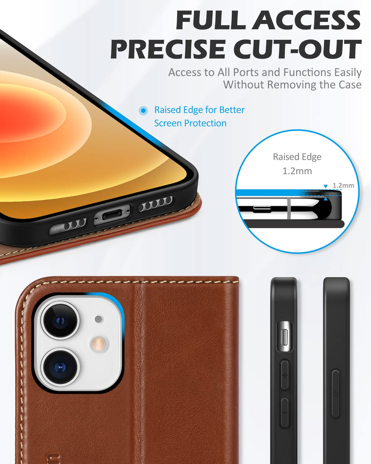 SHIELDON Wallet Case for iPhone 12 5G, Genuine Leather Folio Case Magnetic Shock Absorbing Cover RFID Blocking Credit Card Holder Kickstand Compatible with iPhone 12/12 Pro 6.1" - Retro Brown