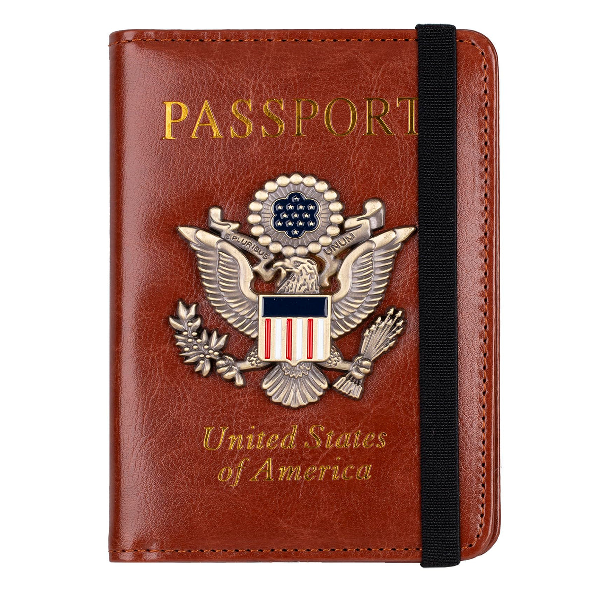 TOURSUIT RFID Blocking Passport Holder for Women Men, Leather Passport Travel Wallet with Metal 3D Metal Badge, Travel Document Holder Cover Accessories (Brown)
