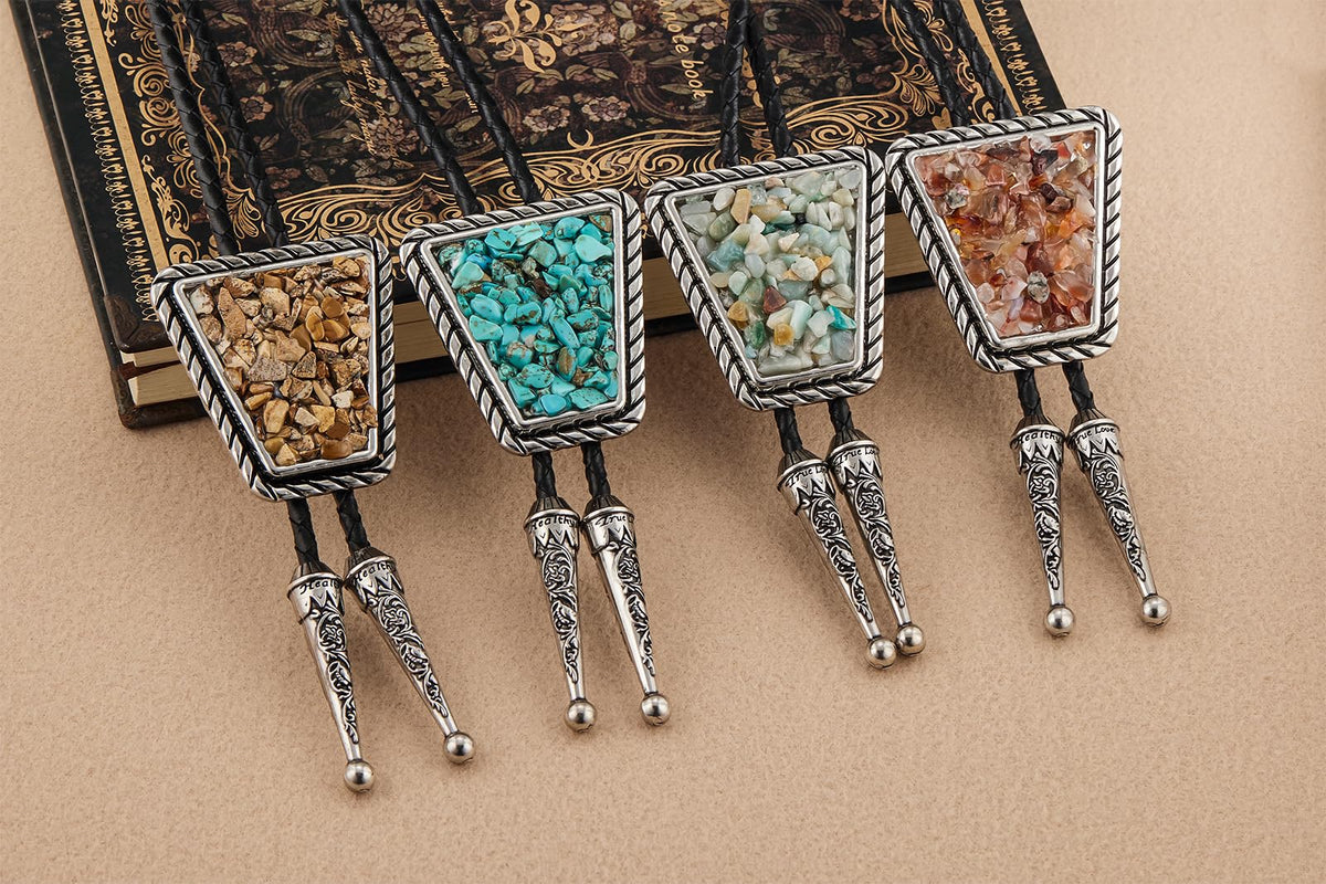 YOQUCOL Native American Khaki Color Crushed Stone Bolo Tie Hand-woven Leather Bola Ties Necklace for Men Women