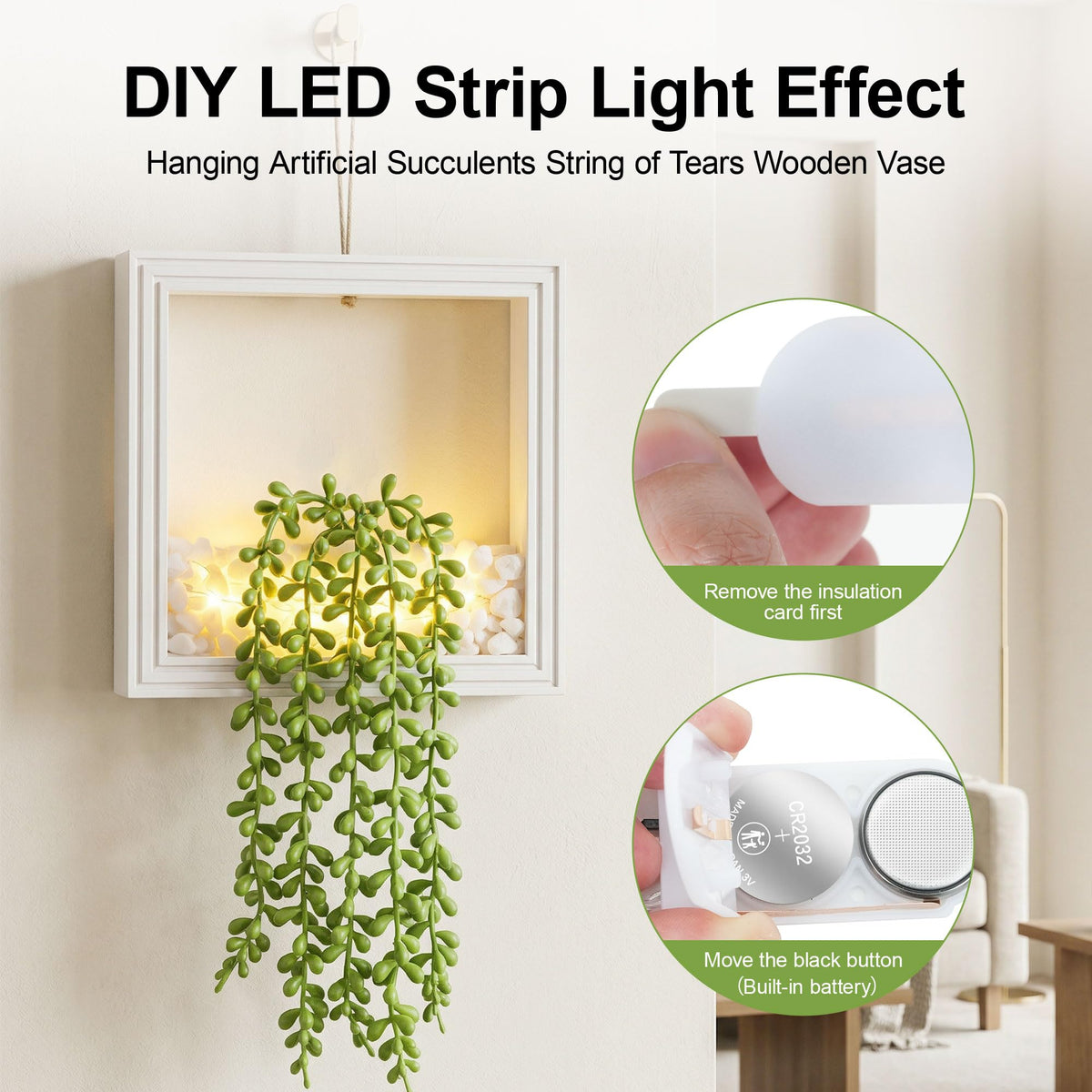 FancyPlus 2 Pack Fake Plants Hanging, Artificial Succulents Plants in Square Wooden Frame with LED Lights, Boho Wall Decor for Office Living Room Bathroom Bedroom Kitchen Indoor Outdoor, White