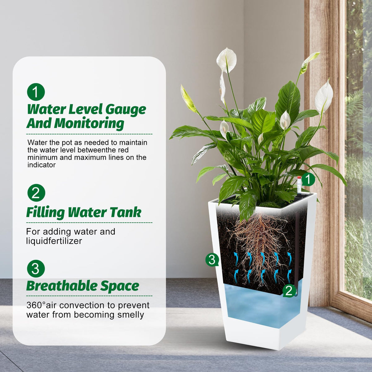 SierraSquad 16" Tall Planters Set of 2, Indoor & Outdoor Black Planter Pots, High Front Porch Planters with Drainage Holes, Water Level Monitor, and Inner Bucket, White