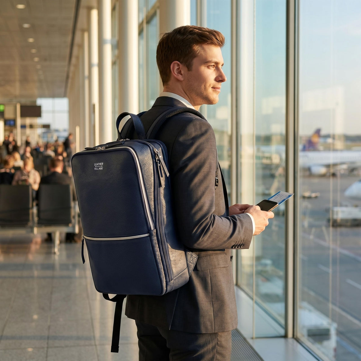 LEATHER VILLAGE Leather Laptop Backpack for Men | Blue | Slim Professional Business Bag Fits 15.6”-Laptop | Water-Repellent Work & Travel Daypack with Trolley Strap