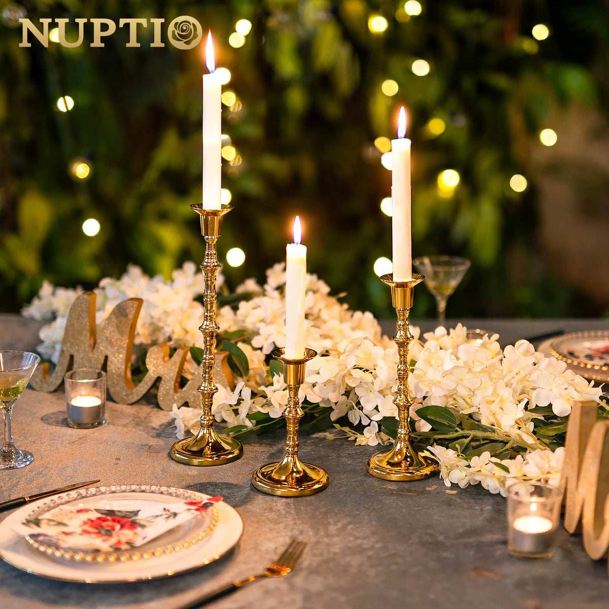 Nuptio Brass Candlestick Holders for Centerpiece: Set of 3 Gold Taper Candle Stick Holders for Home Dining Table Fireplace Decor