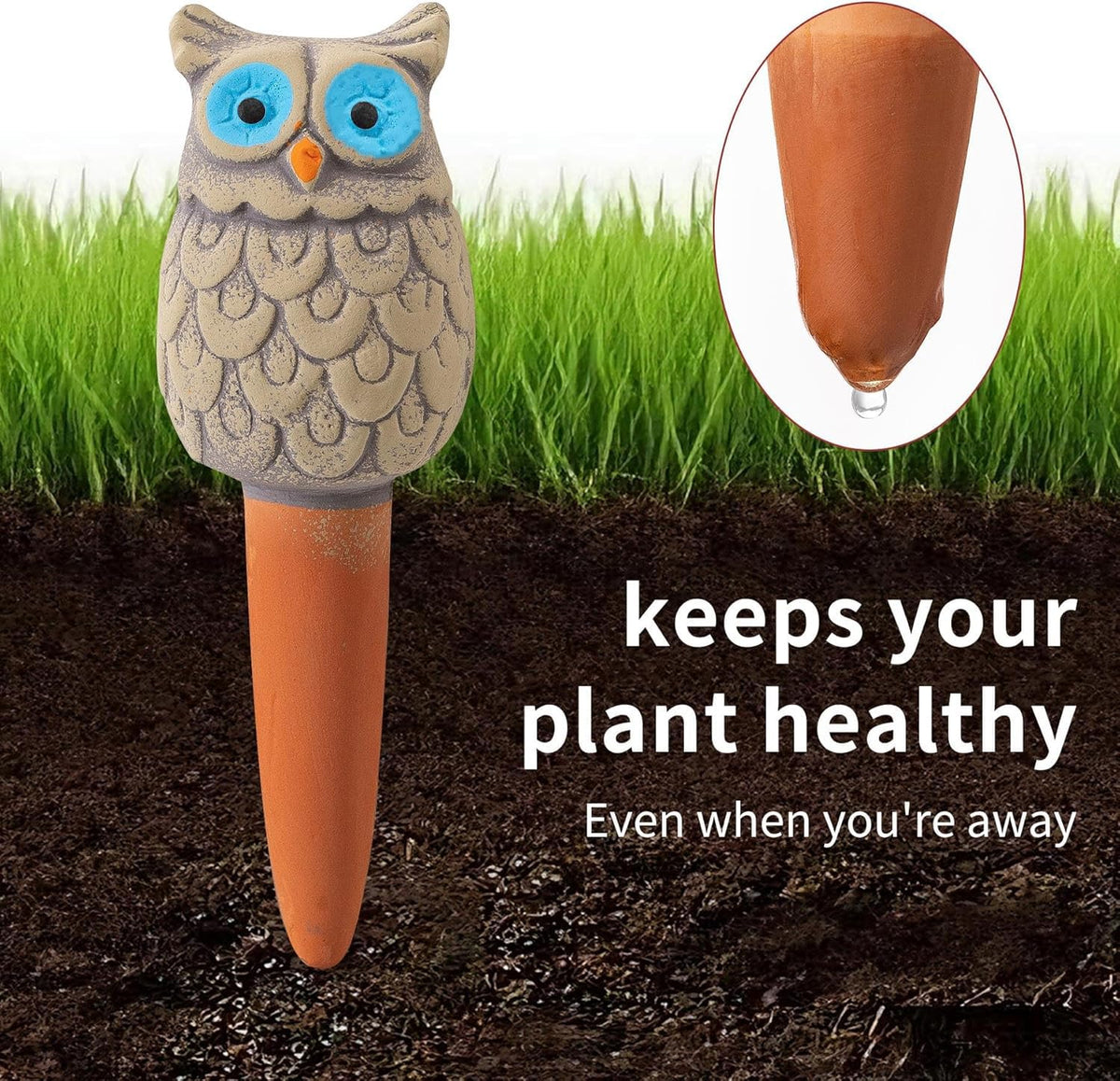 4 Pack Handmade Terracotta Owl Watering Spikes and Globes, Self-Watering Plant Devices with Slow Release System for Continuous Moisture, Perfect Water Bulbs for Indoor and Outdoor Plants Vacation Use
