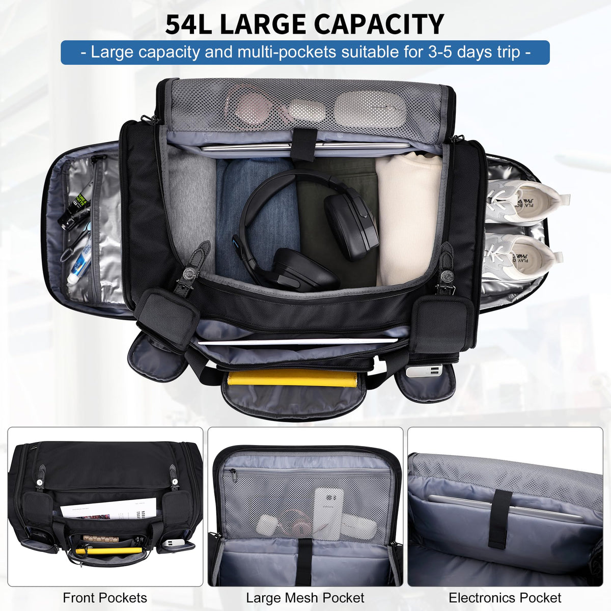 WITZMAN Duffle Bag for Men Large Carry On Weekender Bag 54L Nylon Duffle Gym Bags for Travel with Shoes Compartment(B717 Black)