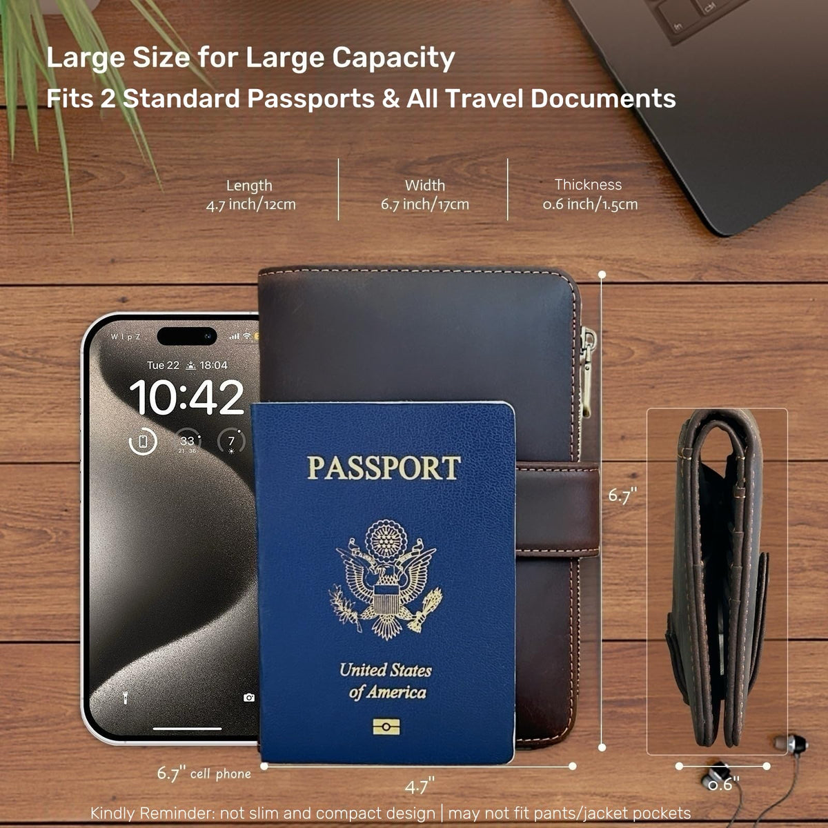 Genuine Crazy Horse Leather Passport Wallet, RFID Blocking Passport Holder with Tracker Slot, All in One Travel Wallet for Women/Men, Secure Passport Cover Case for Airport Essentials (Dark Brown)