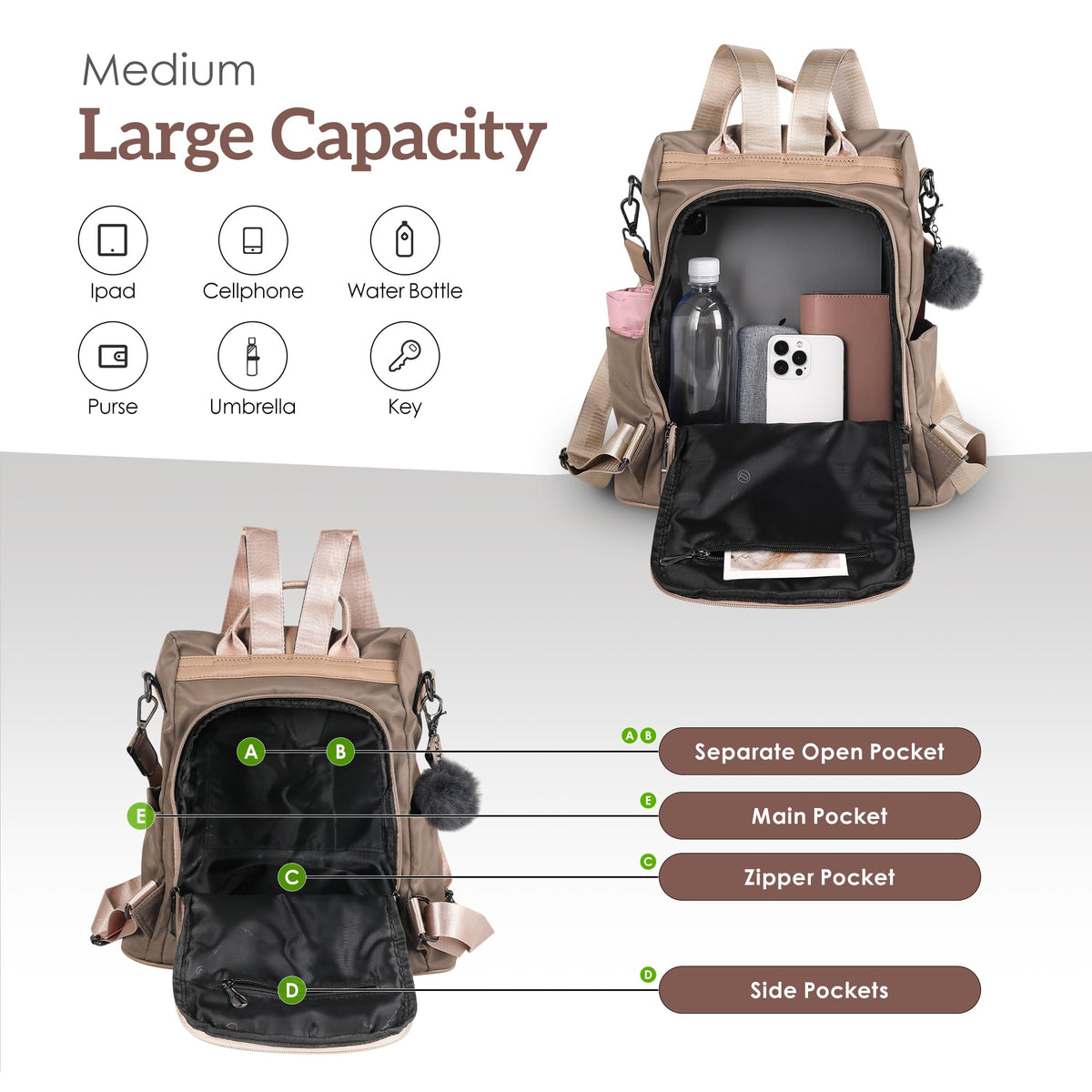 PINCNEL Women Khaki Medium Backpack Purse Waterproof Nylon Anti-theft Rucksack Lightweight Shoulder Bag