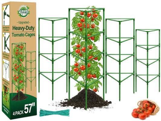 Halatool 57 Inch Tall Tomato Cages, 4 Pack Heavy Duty Metal Plant Supports Stakes for Garden, Adjustable Foldable Steel Trellis for Climbing Plants Cucumbers Peppers Cherry Flowers Vegetables Fruits