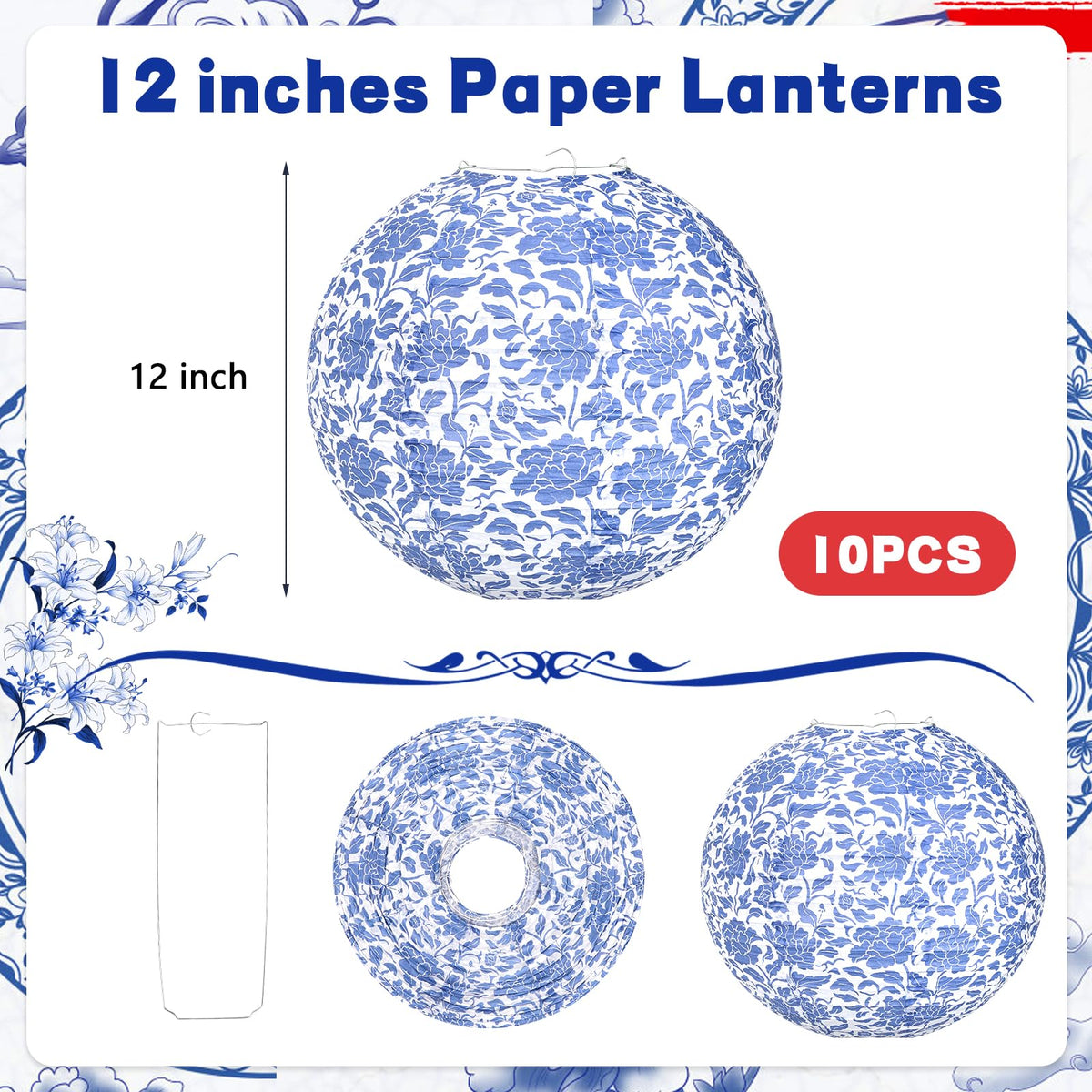 12 Inches Chinoiserie Paper Lantern Celehappy 10pcs Blue and White Porcelain Print Lantern Chinese Round Hanging Lanten for Birthday Wedding Party Ceilding Indoor Outdoor Home Decor