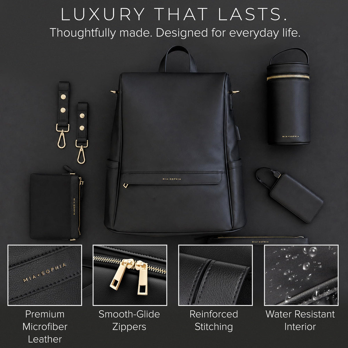 MIA + SOPHIA Leather Diaper Bag Backpack with USB Charging port, Changing Pad, Stroller Straps (Black Mia)