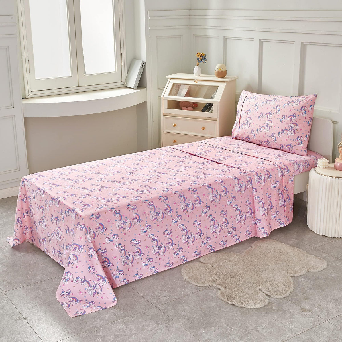 Softan Kids Bed Sheet Set, 4-Piece Full Size Sheets, Microfiber Fitted Sheet with 15 Inches Deep Pocket and Corner Straps, Breathable & Silky Soft Pink Unicorn Pattern Sheet and Pillowcase Sets