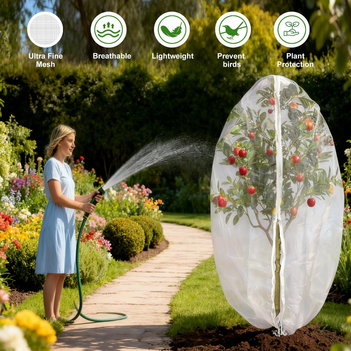 Jevrench 1 Pack 6.5 x 6.5ft Garden Netting for Plants, Fruit Tree Netting with Zipper & Drawstring, Bird Netting for Garden Protection, Blueberry Bushes, Tomato Plants & Fruit Trees