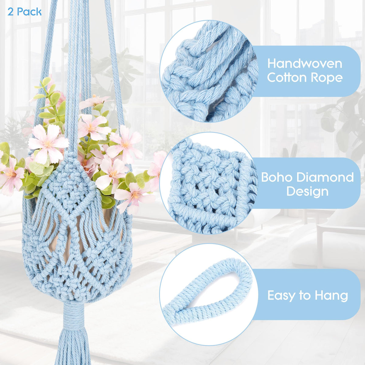 BUNCHBRAVO 2 Pack Macrame Plant Hangers, 33-Inch Cotton Rope Hanging Planters with Diamond Design, Boho Home Decor for Indoor and Outdoor Use, Blue