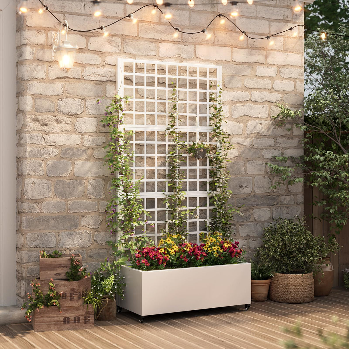 Metal Planter Box with Trellis,72"x35"x15",Galvanized Raised Garden Bed Trellis Outdoor Planter with Privacy Screen & Wheels and Drainage Holes,for Patio Climbing Vegetables,Flowers,Vines,White