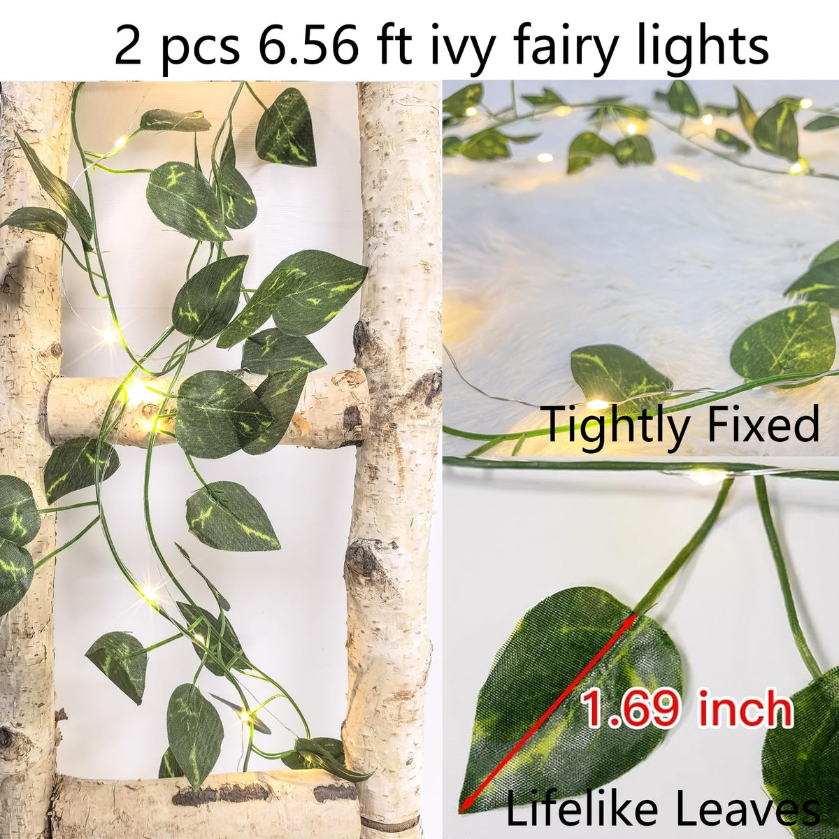 MVOVM LED Fairy Lights Vine, 20 Lights, 6.6ft Pothos Garland, Green, Artificial Hanging Plant Decor for Bedroom, Wedding, Party