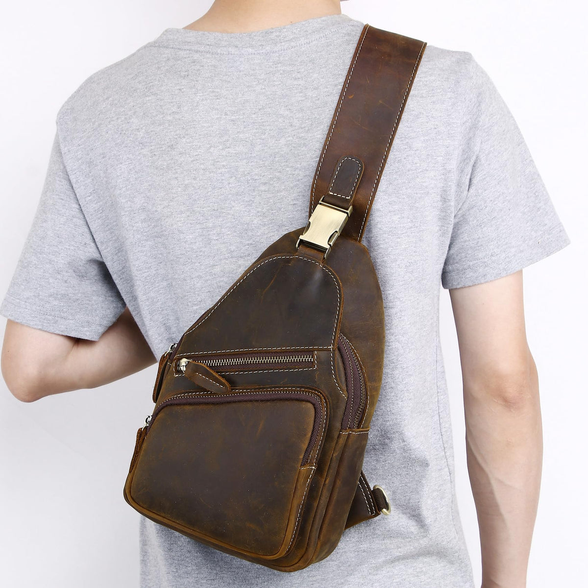 Vintage Full Grain Genuine Leather Sling Bag Men Women Crossbody Chest Shoulder Backpack Daypack Travel Hiking Deep Brown